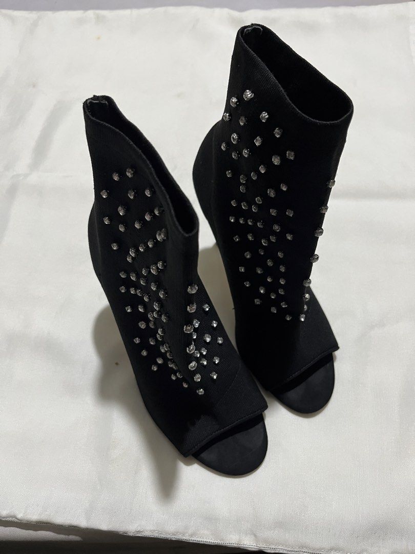 Black Rhinestone Open-Toe Heeled Boots (Category: Heels) located in Tanza. Submitted by vhies_closet24 (Listing ID 1468220005, Image 1). Description: ✨ Selling my black open-toe heeled boots with silver rhinestone details! Details: * Color: Black * Style: Open-toe ankle boots * Design: Silver rhinestone embellishments * Heel: High stiletto heel * Style: Classy, elegant, and perfect for parties, events, and OOTD Condition: Pre-loved (please see ac