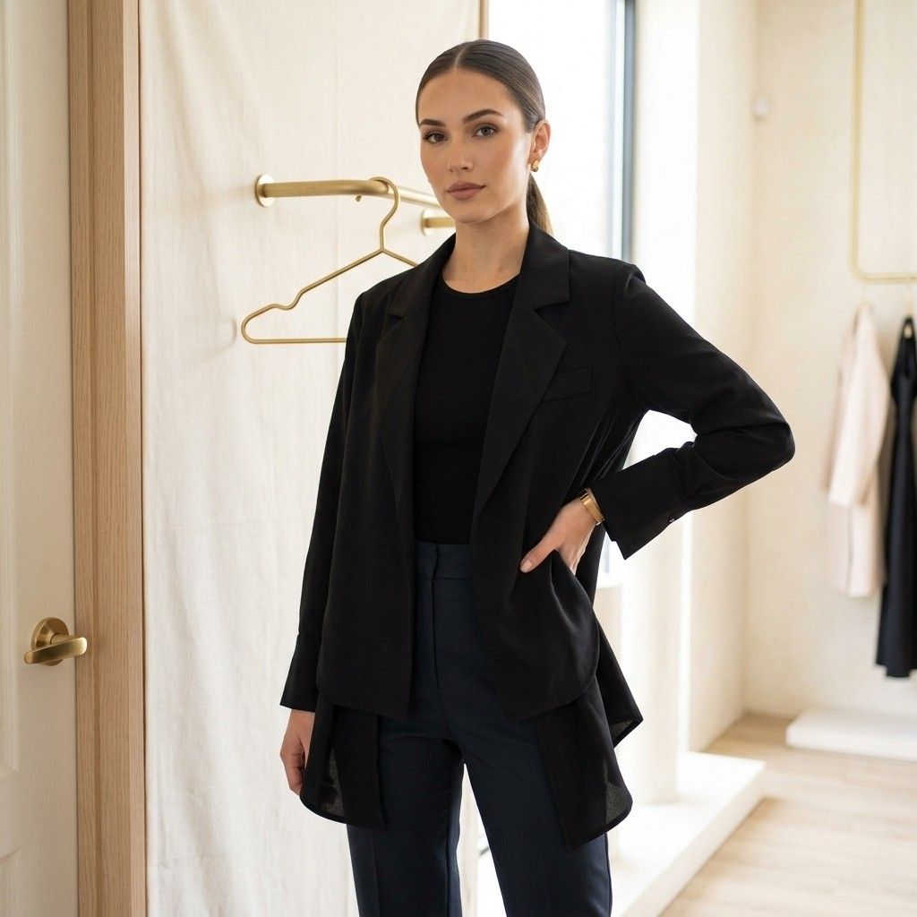 Black tailored blazer with asymmetrical hem (Category: Coats, Jackets and Outerwear) located in Pasig City. Submitted by kat_grande (Listing ID 1468281477, Image 2). Description: - Color: Black - Style: Open front with lapel collar - Fit: Structured shoulders with long sleeves and wide cuffs - Design: Asymmetrical hem with a longer drape in the back and chest welt pocket - Material: Lightweight fabric - Versatility: Ideal for layering and dressin