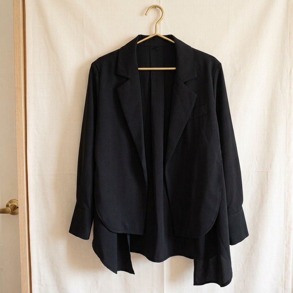 Black tailored blazer with asymmetrical hem (Category: Coats, Jackets and Outerwear) located in Pasig City. Submitted by kat_grande (Listing ID 1468281477, Image 1). Description: - Color: Black - Style: Open front with lapel collar - Fit: Structured shoulders with long sleeves and wide cuffs - Design: Asymmetrical hem with a longer drape in the back and chest welt pocket - Material: Lightweight fabric - Versatility: Ideal for layering and dressin