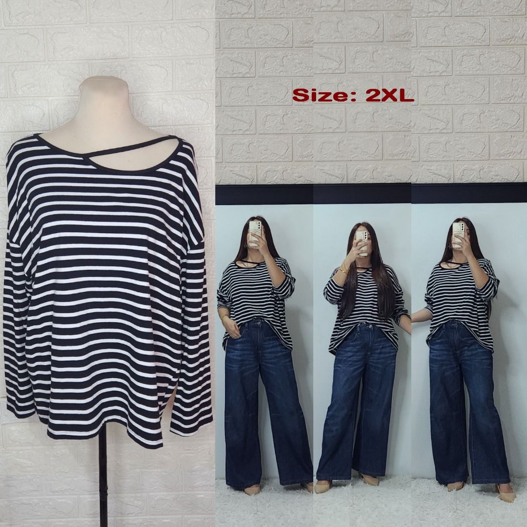 Black/White Striped Cut Out Pullover Top (Category: Longsleeves) located in Quezon City. Submitted by graciejosue (Listing ID 1468061024, Image 1). Description: Rare piece apparel at a very reasonable price and great condition!!! Washed and ready to wear. - Style: Black and white striped long sleeve top - Neckline: Trendy asymmetric cutout - Fit: Relaxed, loose fit (Size 2XL) - Comfort: Soft and comfortable for everyday casual wear - Styling Tip: