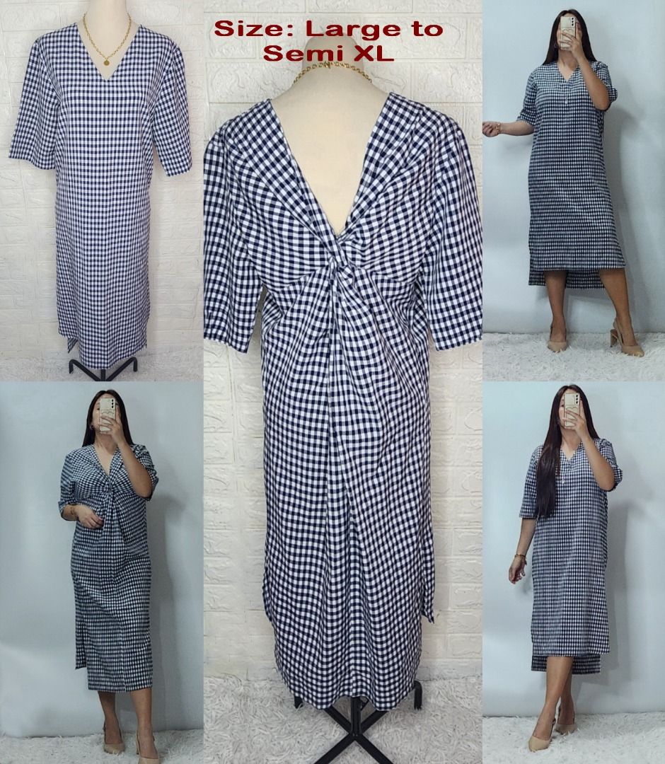 Blue and White Gingham Midi Dress with Twisted Back (Category: Dresses) located in Quezon City. Submitted by graciejosue (Listing ID 1468081430, Image 1). Description: Rare piece apparel at a very reasonable price and great condition!!! Washed and ready to wear. - Style: Blue and white plaid midi dress with a relaxed fit - Neckline & Sleeves: V-neckline and half sleeves - Details: Trendy twist design at the back - Size: Fits Large to semi-XL - Ve