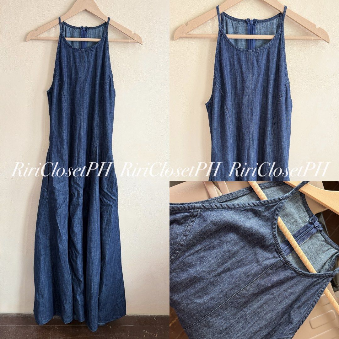 Blue Denim Halter Neck Maxi Dress (Category: Dresses) located in Cebu City. Submitted by iamrixi (Listing ID 1468083189, Image 1). Description: - Style: Halter neck A-line denim dress - Length: Mid-calf (midi) - Details: Contrast stitching, sleeveless, and soft draping fabric - Closure: Back zipper at the neckline - Wash: Deep blue - Condition: Brand new / Excellent -With pockets No when worn|cancellation|return MOP: Bank or Gcash Shipping: J&T 1