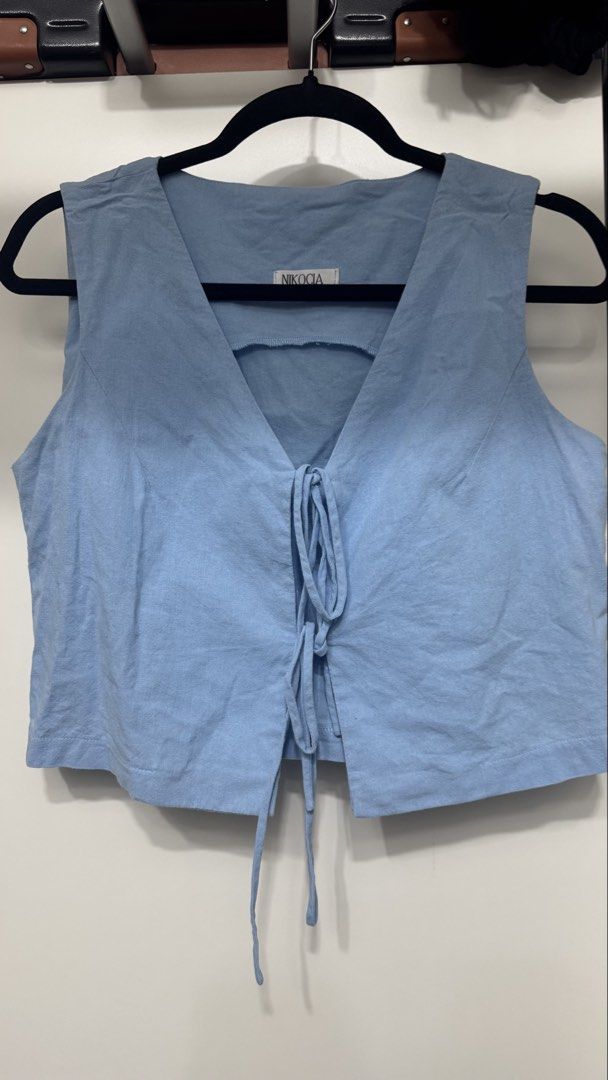 Blue Linen Ribbon Tie Front (Category: Sleeveless) located in Mandaluyong City. Submitted by _rizaespiritu (Listing ID 1468098962, Image 3). Description: - bought it from the blue app - used twice only.