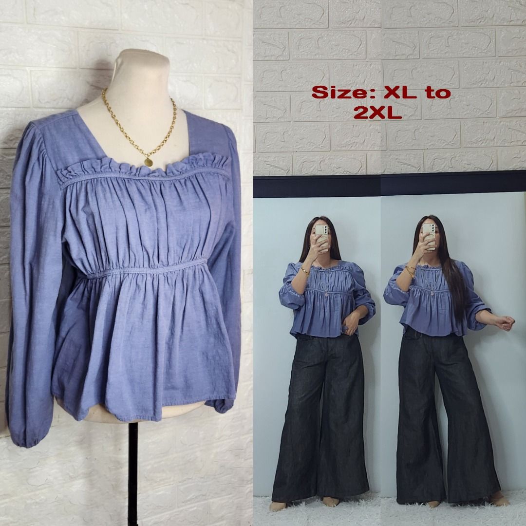 Blue Long Sleeve Square Neck Blouse (Category: Longsleeves) located in Quezon City. Submitted by graciejosue (Listing ID 1468078905, Image 1). Description: Rare piece apparel at a very reasonable price and great condition!!! Washed and ready to wear. - Color: Blue - Size: XL to 2XL - Design: Square neckline and gathered bust detail - Fit: Loose and flowing body - Fabric: Textured finish - Styling: Great to pair with wide-leg pants or denim Condit