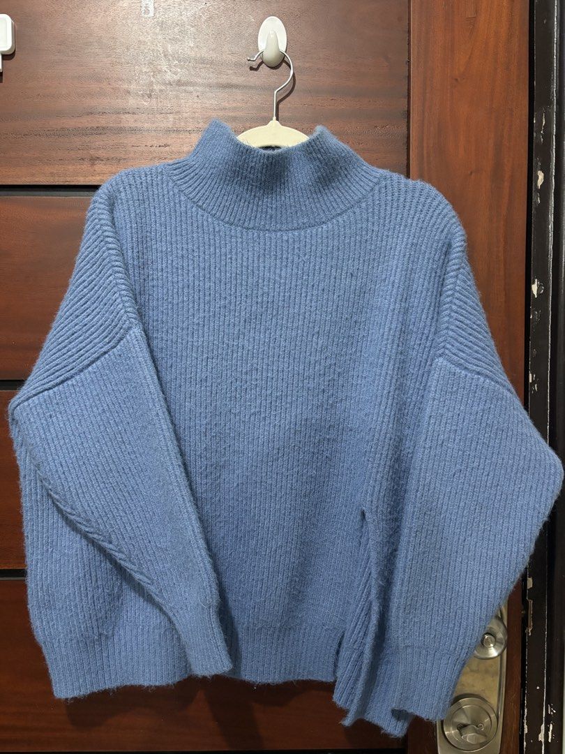 Blue Mock Neck Ribbed Knit Sweater (Category: Longsleeves) located in Agdangan. Submitted by lunalovegood_ (Listing ID 1468273452, Image 3). Description: - Cozy blue color - Soft and thick ribbed knit texture - Perfect for chilly weather! - Has a slit accent - Really high quality.