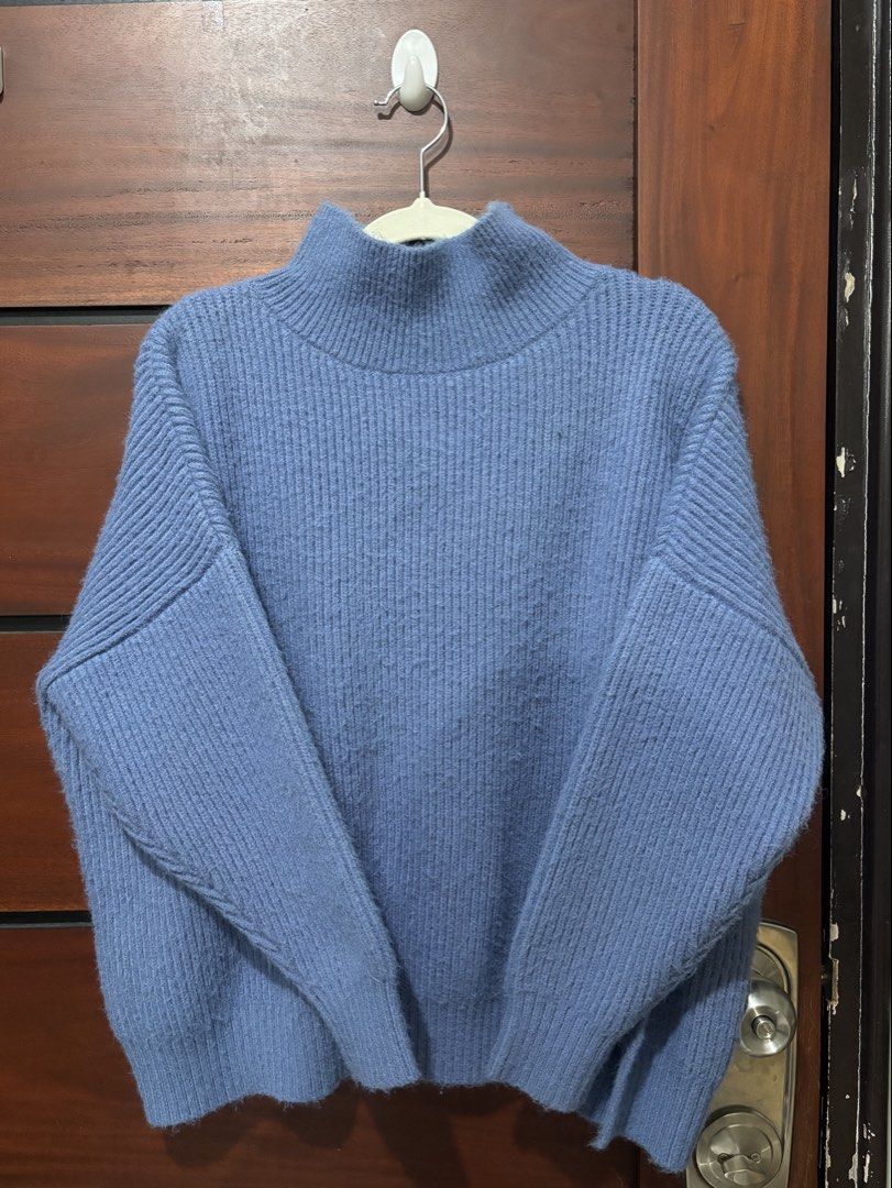 Blue Mock Neck Ribbed Knit Sweater (Category: Longsleeves) located in Agdangan. Submitted by lunalovegood_ (Listing ID 1468273452, Image 1). Description: - Cozy blue color - Soft and thick ribbed knit texture - Perfect for chilly weather! - Has a slit accent - Really high quality.