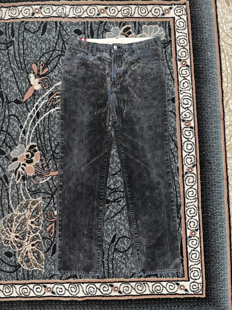 Blue Way Co Ltd Basic Acid Wash Corduroy Pants (Category: Jeans) located in Manila. Submitted by kashjulliane (Listing ID 1468279521, Image 1). Description: - Brand: Blue Way Co Ltd - Style: Basic acid wash corduroy pants in dark grey with a faded checkered pattern - Details: Contrasting blue dye accents along seams and belt loops - Interior: Herringbone pattern inner waistband lining with a red tab detail - Closure: Classic button fly - Material