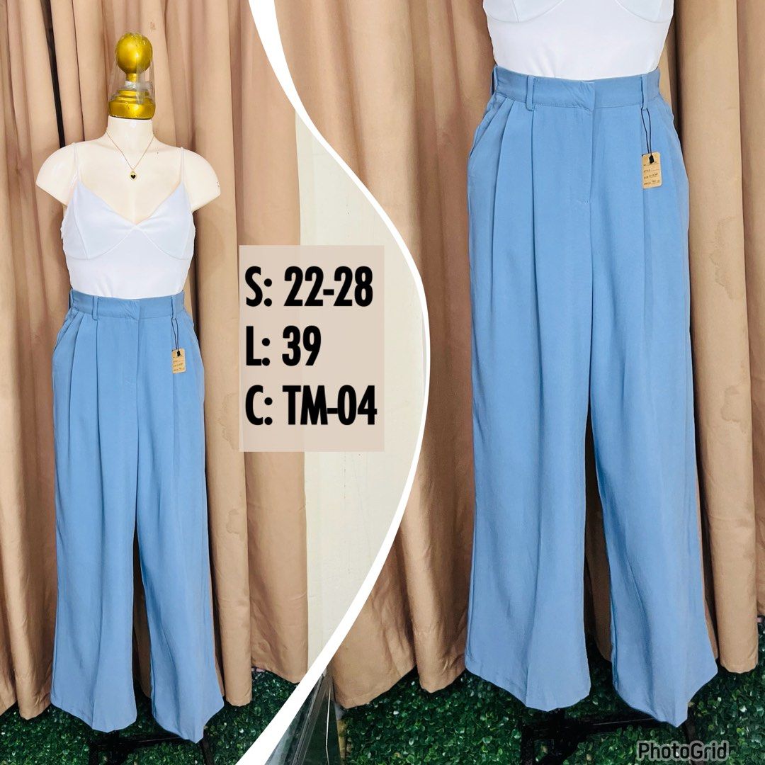 Blue Wide Leg Pleated Trousers (Category: Other Bottoms) located in Manila. Submitted by bengirlclothing (Listing ID 1468141199, Image 1). Description: -SIZE: 22-28 inches -LENGTH: 39 inches - Color: Light blue - Style: High-waisted trousers with front pleats and side pockets - Fit: Relaxed wide leg.