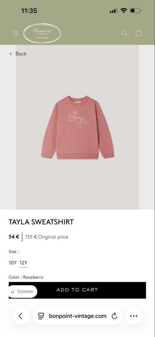 Bonpoint Tayla Cherry Embroidered Sweatshirt Raspberry 14A (Category: Coats, Jackets and Outerwear) located in Manila. Submitted by bananakwon (Listing ID 1468084850, Image 3). Description: Brand: Bonpoint (Tayla Sweatshirt) Color: Raspberry Pink Size: 14A (fits older kids and teens) Design: Cute embroidered cherry outline graphic on the chest Details: Ribbed crew neck, cuffs, and hem Material: Premium, ultra-soft high-quality fabric Origin: Made