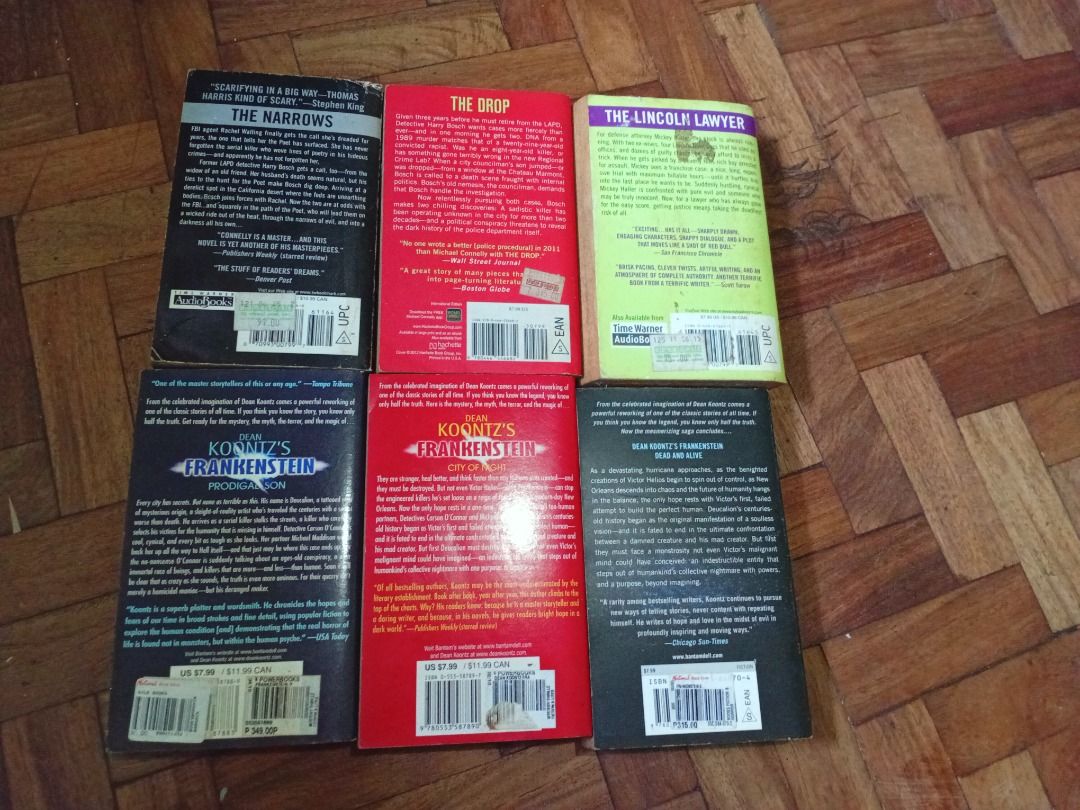 Book Bundle (6 PCS) - Michael Connelly & Dean Koontz (Category: Storybooks) located in Cainta. Submitted by stardust.1111 (Listing ID 1468282334, Image 2). Description: TAKE ALL 6 FICTION BOOKS Michael Connelly The Narrows The Drop The Lincoln Lawyer Dean Koontz – Frankenstein Series Book One: Prodigal Son Book Two: City of Night Book Three: Dead and Alive Book Condition: Pre-owned books, read only once and kept on a bookshelf since then. No torn