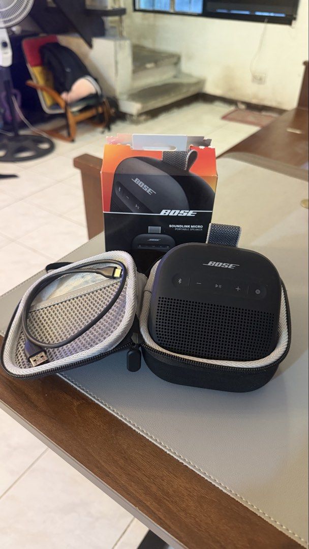 Bose SoundLink Micro Portable Speaker Black with Case (Category: Soundbars, Speakers & Amplifiers) located in Mandaluyong City. Submitted by iamrhea16 (Listing ID 1468176252, Image 1). Description: - Authentic Bose SoundLink Micro portable speaker in sleek black - Compact design with surprisingly powerful sound - Convenient built-in strap for easy hanging on backpacks or bikes - Includes original box, USB charging cable, and a custom hard carryin