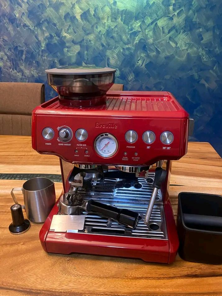Breville Barista Express Espresso Machine Red (Category: Coffee Machines & Makers) located in Pagadian. Submitted by mamithere (Listing ID 1468135985, Image 1). Description: - Model: Breville Barista Express (Eye-catching Red) - Built-in conical burr grinder for fresh beans - Professional steam wand for microfoam milk texturing - Central pressure gauge for optimal extraction monitoring - Included Accessories: Stainless steel milk jug, tamper, por