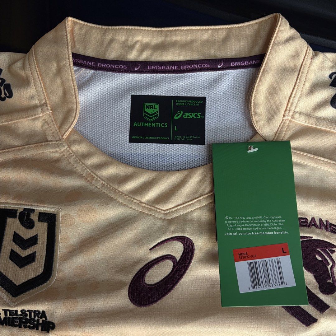 Brisbane Broncos NRL Jerseys Set (Category: Activewear) located in Iloilo. Submitted by rostercollective5000 (Listing ID 1468097859, Image 3). Description: 1999 each - Official Brisbane Broncos NRL jerseys (Set of 2) - Condition: Brand new with original Asics and NRL authentic tags attached - Jersey 1: Stunning Indigenous art design in beige and blue tones, Size Large - Jersey 2: Classic navy blue and white with striped detailing, Size Medium - S