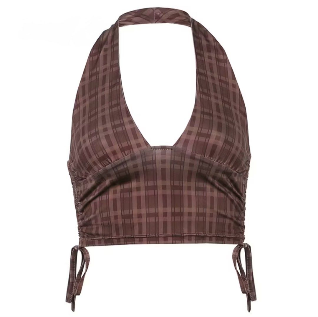 Brown Plaid Halter Crop Top Size S (Category: Sleeveless) located in Quezon City. Submitted by hannahhhhssclosetttt (Listing ID 1468210711, Image 2). Description: - Fit & Size: Size S (Bust: 70cm, Waist: 60cm, Length: 30.5cm) .