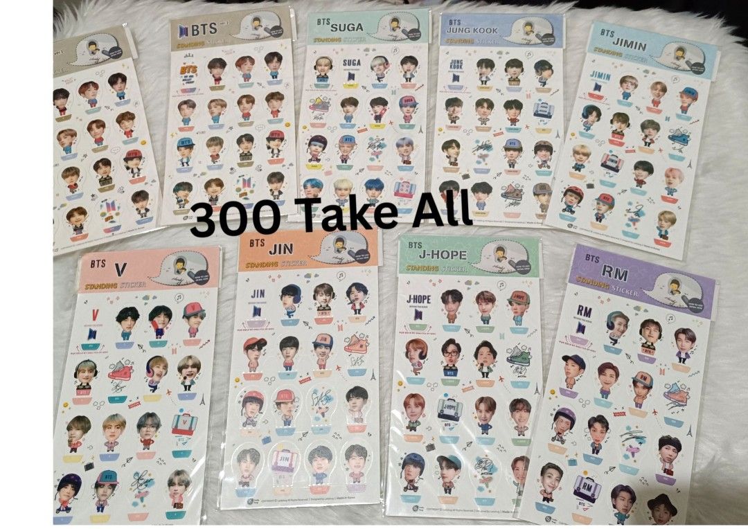 BTS Sticker Sets Member Collection (Category: K-Wave Merchandise) located in Imus. Submitted by purple_rain17 (Listing ID 1468206236, Image 1). Description: 💜Full set of BTS sticker sheets. Includes V, Jin, Suga, J-Hope, Jungkook, RM, and Jimin. ✅Total of 8 sealed packs shown in the photo 📸Great for journaling, decorating laptops, or phone cases. 💜 Selling as a bundle for all members together. 🚗 Ready to ship. #Stickers #BTSStickers #Namjoon 