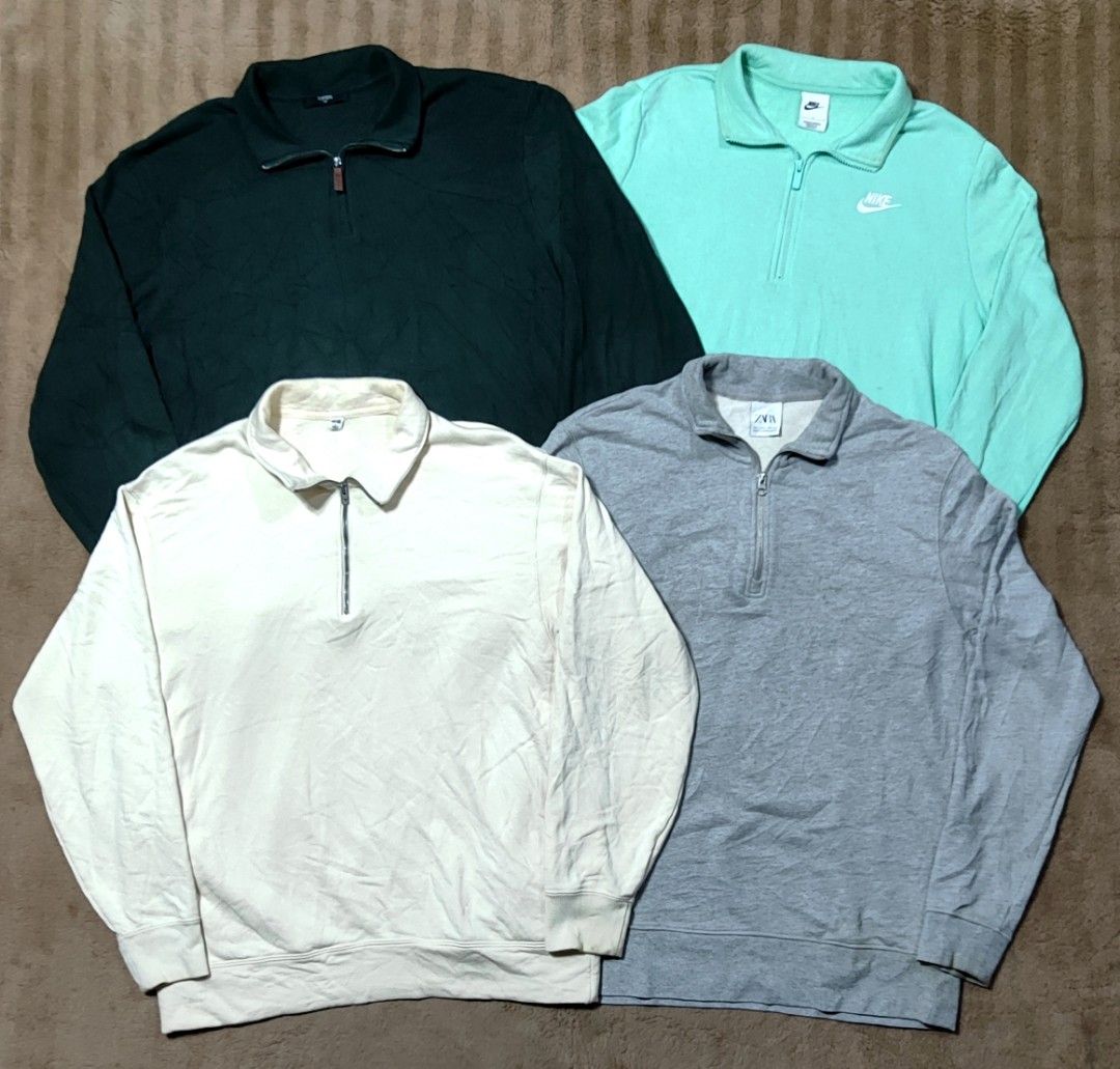 Bundle of 4 Quarter Zip Pullover Sweatshirts (Category: Coats, Jackets and Outerwear) located in Manila. Submitted by maddiehamj46237 (Listing ID 1468235044, Image 1). Description: - Bundle includes 4 quarter-zip sweatshirts: Dark green, Mint Green Nike, Cream, and Grey Zara - Material: Comfortable fleece - Features: Fold-over collar and half zipper - Perfect for layering during cooler weather - Easy to mix and match with various casual outfits.