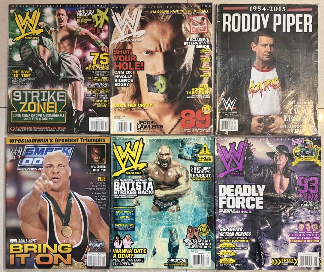 Bundle of 6 WWE Magazines (Category: Magazines) located in Pasay City. Submitted by gahaman02 (Listing ID 1468083954, Image 1). Description: good condition. some flaws and creases.