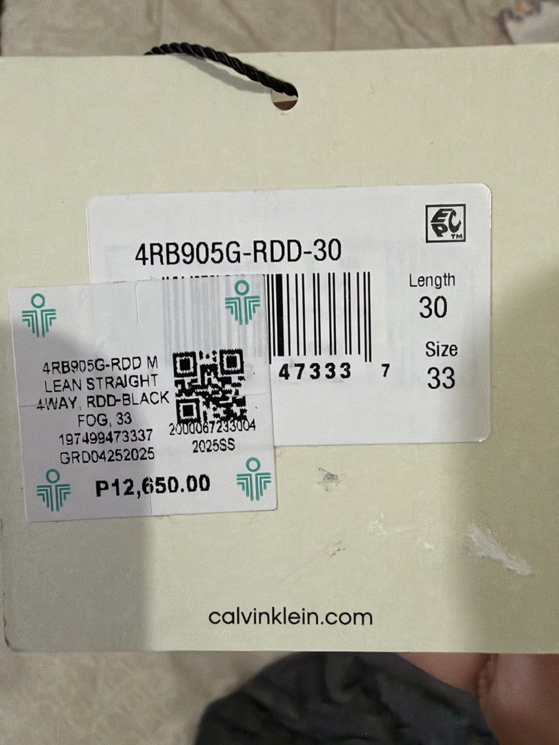 Calvin Klein Jeans Slim Straight Black Size 33x30 (Category: Jeans) located in Iloilo. Submitted by heco2k1999542 (Listing ID 1468067521, Image 2). Description: - Brand: Calvin Klein - Color: Black wash - Fit: Slim straight (sits at waist, fitted through hip/thigh, narrow leg) - Size: Tagged 33x30 - Condition: Bnew with tags and paper bag Orig price 12k Selling 4k - Inclusions: Original paper store tags and brand shopping bag.