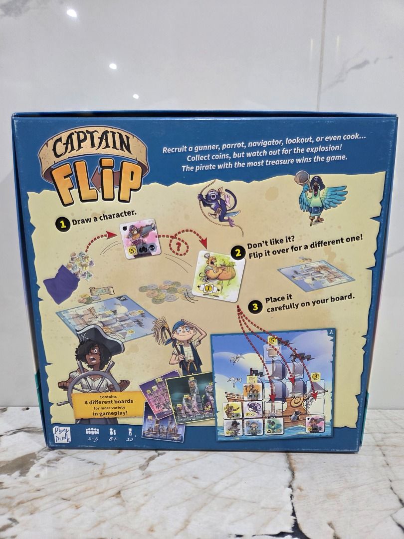 Captain Flip Board Game by Play Punk (Category: Board Games & Puzzles) located in Caloocan City. Submitted by caiwilmer (Listing ID 1468179069, Image 3). Description: Captain Flip — Family Board Game (Playagame / PlayMonster) Captain Flip by Paolo Mori & Remo Conzadori—the fast, fun press-your-luck pirate game nominated for the prestigious 2024 Spiel des Jahres! “Hoist your flag, recruit a crew, and fill your coffers with shiny gold coins! On you