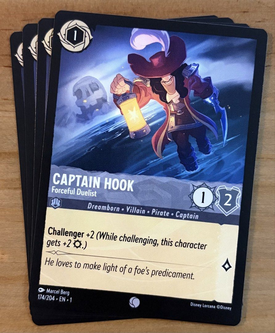 Captain Hook - Forceful Duelist | Disney Lorcana Cards ~ The First Chapter (Category: Raw Singles) located in Makati City. Submitted by cardlab (Listing ID 1468221755, Image 1). Description: Items are 💯 authentic/original/legit. About The Card: •Language: EN • Number: 174/204 • Common • Normal FOR: • Cards ₱99 and below with Card Sleeves • Cards ₱100 and up with Card Sleeves and Used Toploader • ₱10 for Bnew Tops Packaging (If Shipping): ✔️ Plas