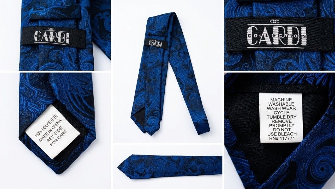 Cardi Collection Necktie (Category: Ties) located in Caloocan City. Submitted by aluyoiseric381 (Listing ID 1468097944, Image 1). Description: • Pattern: Classic Jacquard Tonal Paisley • Colors: Royal Blue and Black • Material: 100% Polyester (Durable, holds its shape well, wrinkle-resistant) • Manufacturing Origin: Made in China • Fabric Care Instructions: Machine washable (Wash Wear Cycle), tumble dry, remove promptly. Do not use bleach. • Regi
