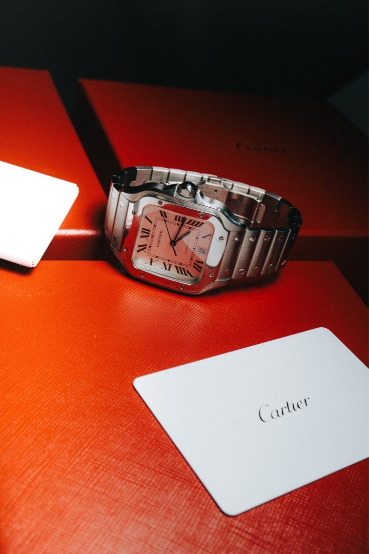 Cartier Santos Large 2025 (Category: Luxury Watches) located in Manila. Submitted by troy_anthonyy (Listing ID 1468075997, Image 3). Description: Cartier Santos de Cartier – Large Year: 2025 Price: ₱400,000 ✨ Complete Set ✨ Cartier Warranty: Valid until 2033 ✨ Excellent, Well-Maintained Condition Details: * Large size * Automatic movement * Stainless steel case and bracelet * Iconic Santos de Cartier design * Complete box and papers.