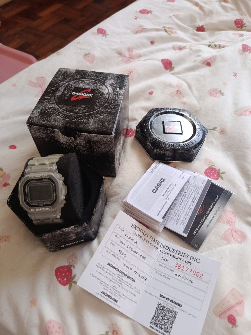 Casio G-Shock DW-B5600G-7DR Transparent Bluetooth Watch (Category: Men's Watches) located in Quezon City. Submitted by cblakes (Listing ID 1468075754, Image 3). Description: - Model: Casio G-Shock DW-B5600G-7DR (Square Digital Watch) - Color/Material: Transparent clear resin, zero yellowing - Features: Built-in Bluetooth connectivity, 20-bar water resistance - Condition: Brand new-like, carefully maintained - Inclusions: Complete set with origina
