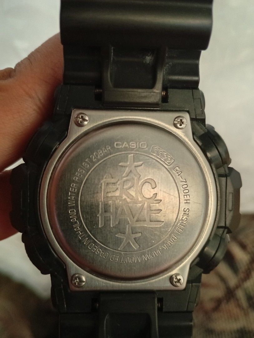 Casio G-Shock GA-700EH Eric Haze Collaboration Watch (Category: Men's Watches) located in Manila. Submitted by jcaseanti (Listing ID 1468176721, Image 2). Description: - Model: Casio G-Shock Eric Haze Limited Edition (GA-700EH / Module 5522) - Design: Special 2017 graffiti artwork by Eric Haze with a black and white distressed finish - Features: Analog-digital display, shock-resistant, and 20 bar water resistance - Details: Custom backplate engra