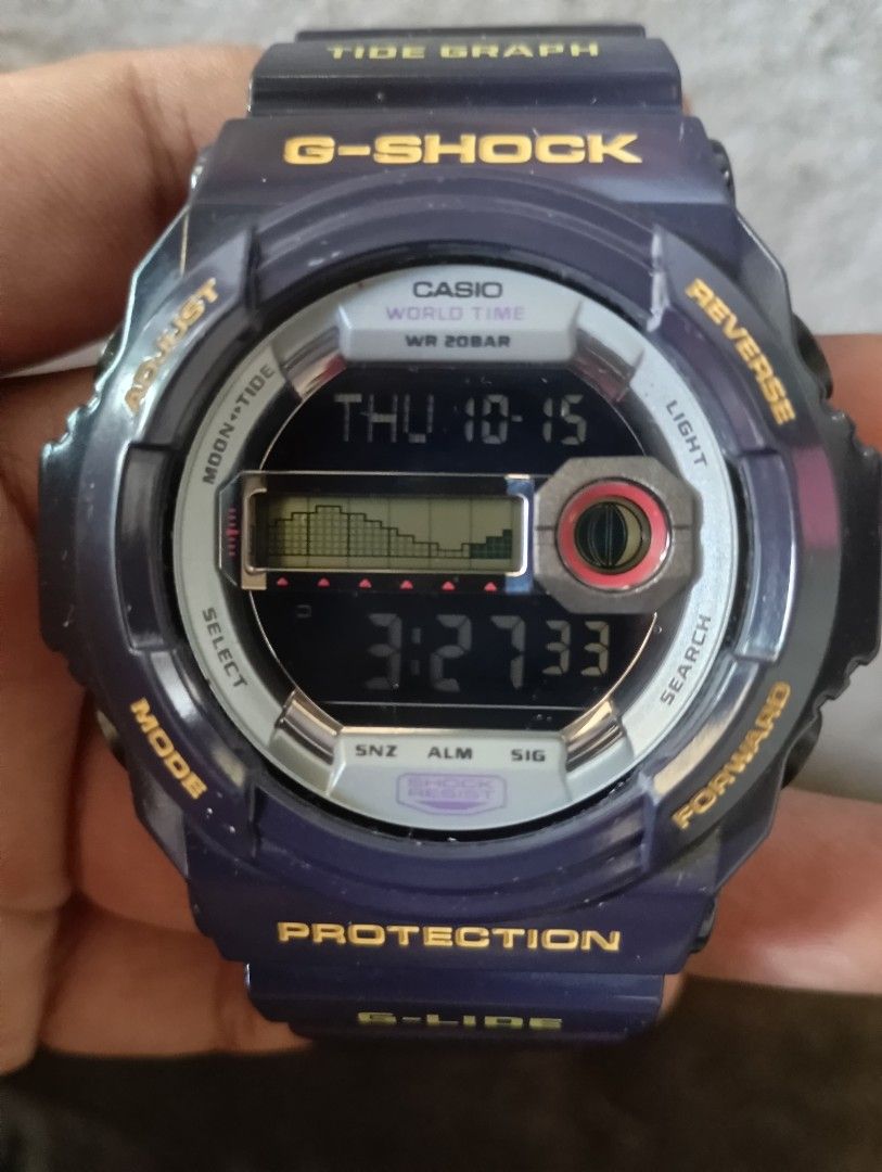 Casio G-Shock G-Lide Tide Graph Watch GLX-150B (Category: Men's Watches) located in Manila. Submitted by jcaseanti (Listing ID 1468176357, Image 1). Description: - Model: Casio G-Shock G-Lide GLX-150B (Module 3295) - Color: Navy blue with silver buckle - Key Features: Tide graph, moon phase, world time, and 200m water resistance - Condition: Fully functional digital screen, light signs of daily wear on the resin band - Authenticity: Stainless ste