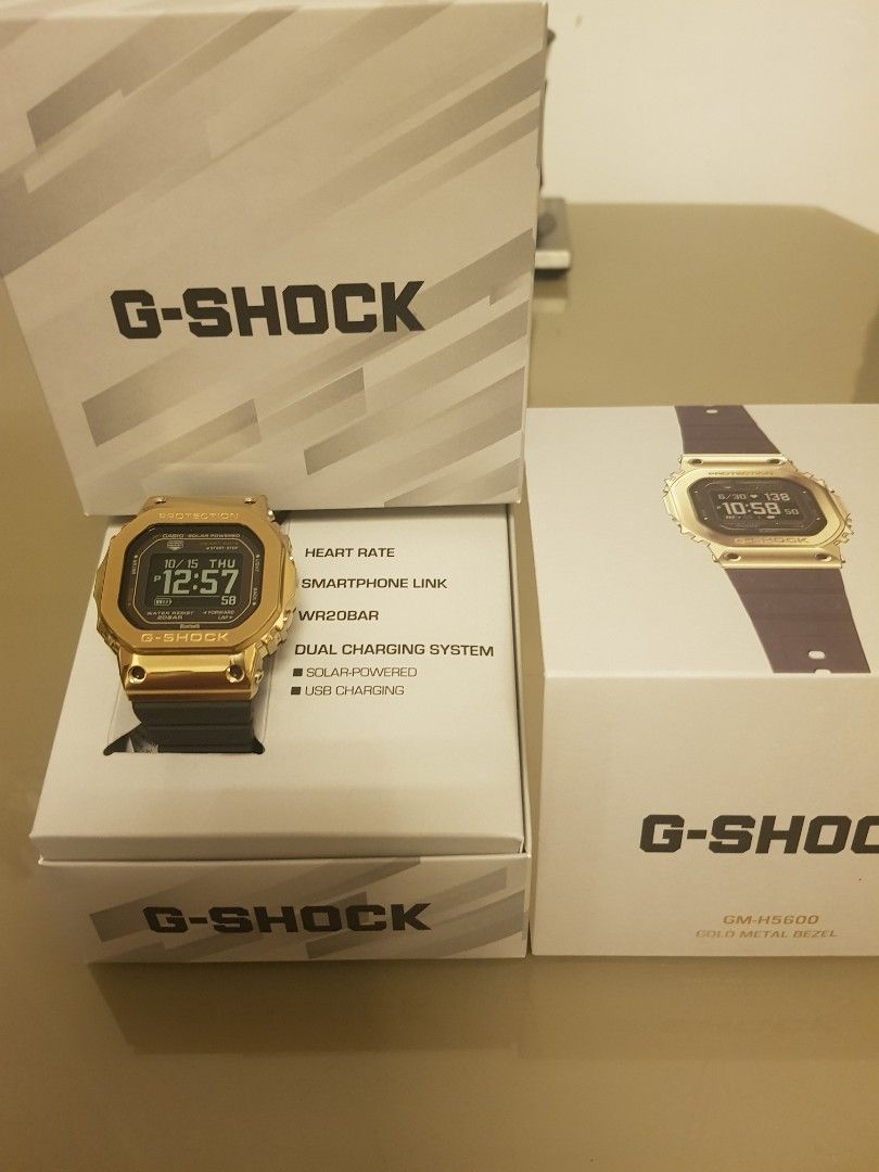 Casio G-Shock SmartWatch solar (Category: Men's Watches) located in San Mateo. Submitted by wellhomes (Listing ID 1468096796, Image 1). Description: - Authentic Casio G-Shock GM-H5600 - Stylish gold metal bezel with durable black strap - Built-in heart rate monitor and smartphone link features - 20bar water resistance for daily use and swimming - Dual charging system: Solar power and USB charging - Comes complete with original packaging - Meet-up