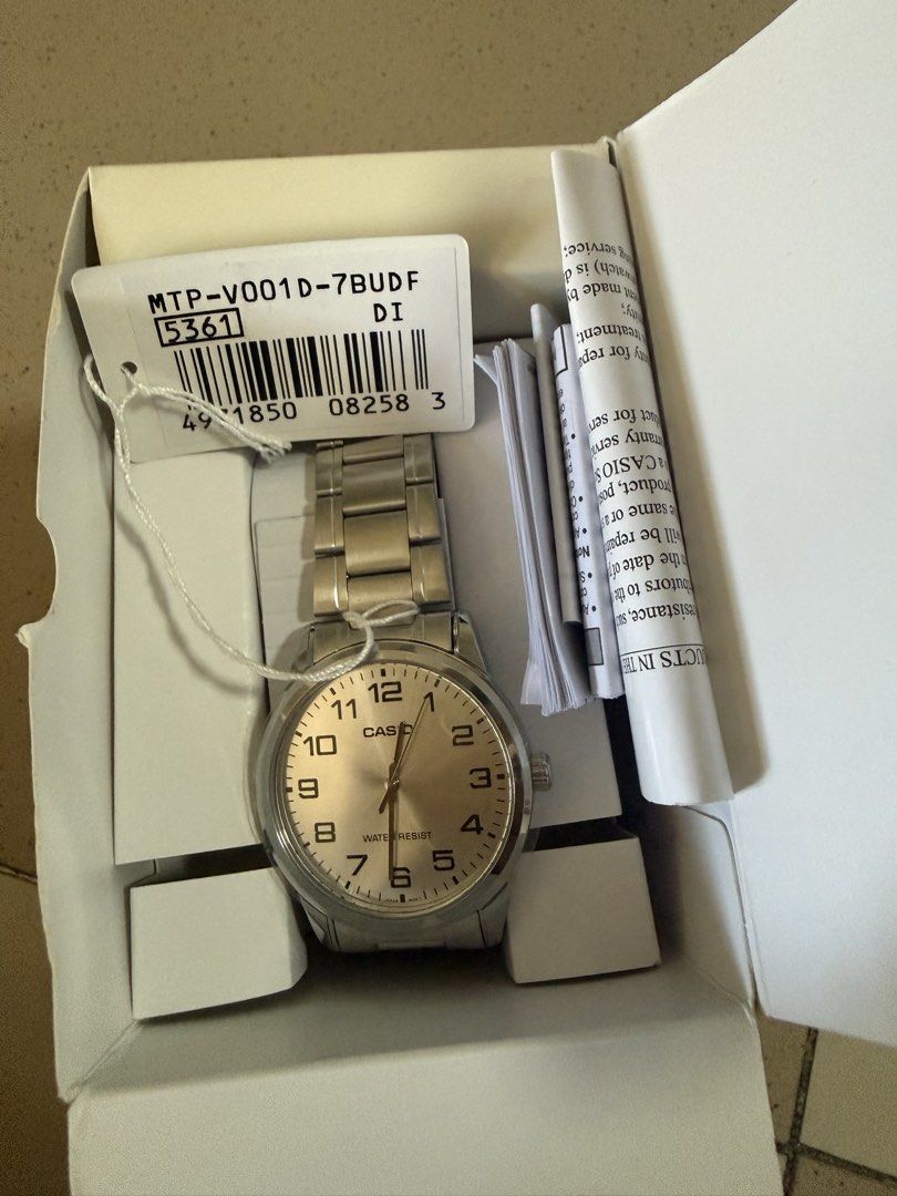 Casio MTP-V001D-7BUDF Analog Watch (Category: Men's Watches) located in Manila. Submitted by merry.merchant (Listing ID 1468092665, Image 3). Description: - Brand new, unworn condition - Classic silver dial - Durable stainless steel strap and case - Water-resistant for everyday use - Complete set: includes original box, hang tag, product manual papers and warranty card - bought Aug 30, 2026.