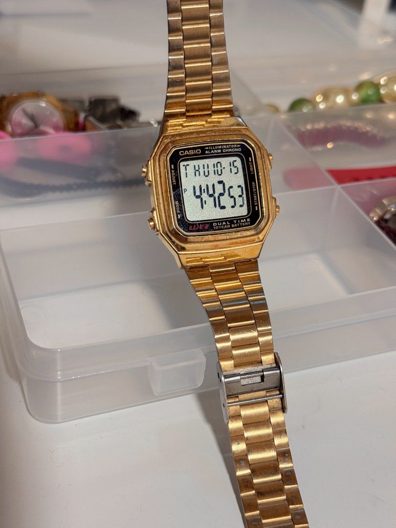 Casio Vintage Watch (Category: Luxury Watches) located in Marikina City. Submitted by punch.studioph (Listing ID 1468144851, Image 1). Description: • Casio A178WGA-1ADF • Display: Digital with LED backlight, dual time, and auto-calendar • Features: 1/100-second stopwatch, multi-function alarm, water resistance, and stainless steel gold-plated band Rfs Declutter.