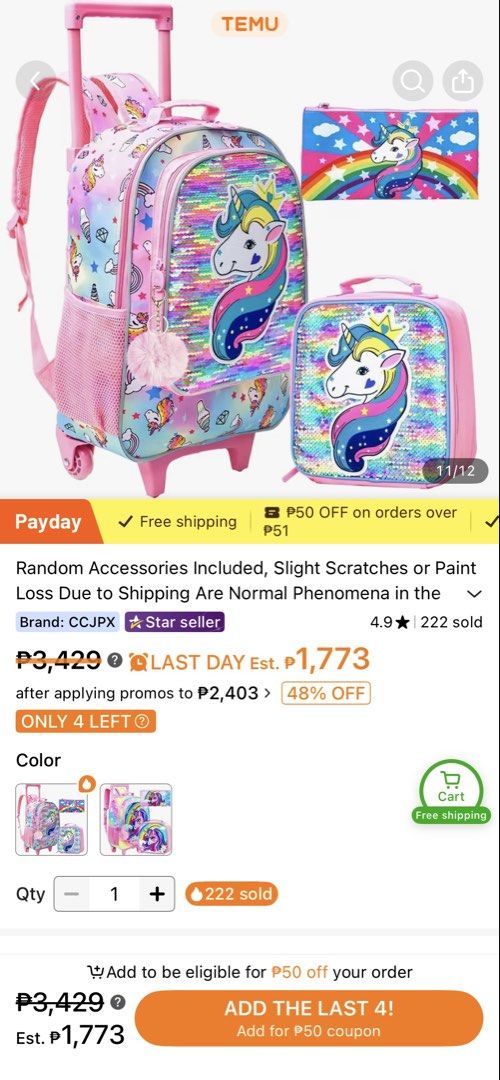CCJPX Unicorn Rolling Backpack Lunch Bag Pencil Case Set (Category: Stationery & School Supplies) located in Manila. Submitted by shiellapreloved (Listing ID 1468177874, Image 2). Description: Pre-loved. Like new. Price still negotiable. - 3-in-1 school set: Rolling backpack, matching lunch box, and pencil pouch - Eye-catching pink unicorn design with fun reversible sequins - Pastel rainbow background featuring stars, clouds, and ice cream graphi