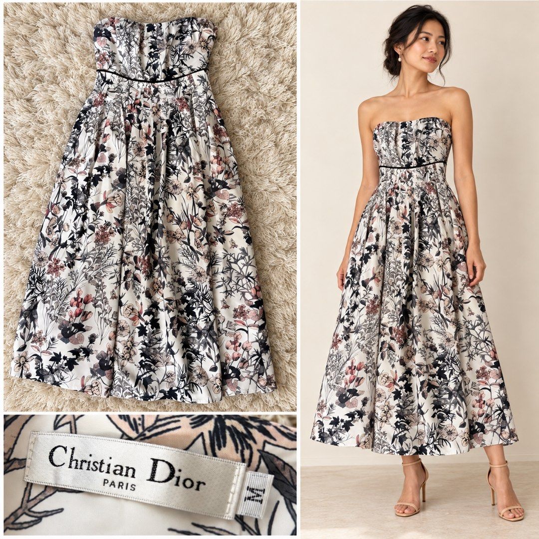 CD floral strapless dress (Category: Evening dresses & gowns) located in Makati City. Submitted by shoppingandthecity (Listing ID 1468063239, Image 1). Description: Strapless floral dress — ₱1,000 Ivory with black botanical details and soft blush florals. Fitted bodice, black waist piping and a flowing pleated skirt. Lovely for weddings, garden parties or special dinners. Pair with nude heels and delicate earrings. Will fit a size small. .