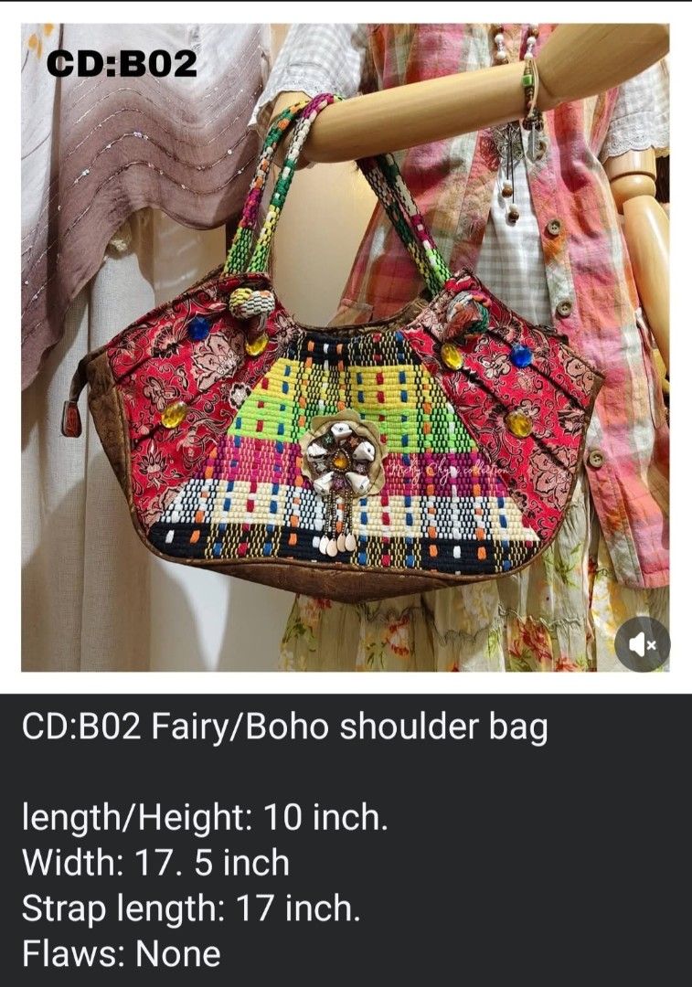 CD:B02 Fairy Boho shoulder bag (Category: Shoulder Bags) located in Manila. Submitted by chynii_28 (Listing ID 1468132089, Image 1). Description: - Style: Fairy boho shoulder bag with colorful woven and patterned fabric - Accents: Embellished with colorful gems, beads, and a central shell - Straps: Twin shoulder straps in green and patterned fabric (17" strap length) - Dimensions: 10" length/height x 17.5" width - Condition: Clean interior and ex