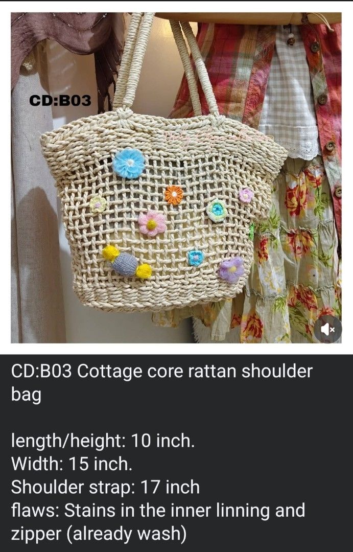CD:B03 Cottage core rattan shoulder bag (Category: Shoulder Bags) located in Manila. Submitted by chynii_28 (Listing ID 1468136094, Image 1). Description: - Style: Cottagecore rattan shoulder bag (CD:B03) - Design: Cream-colored woven rattan with colorful crochet flowers and a front candy accent - Dimensions: 10" Length x 10" Height x 15" Width - Strap: 17" shoulder strap drop - Closure: Secure zip closure - Condition: Stains present on the inner