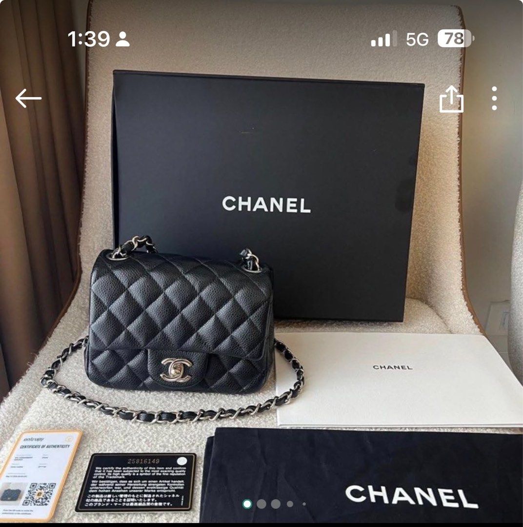 Chanel Black Caviar Quilted Mini Flap Bag (Category: Luxury Bags & Wallets) located in Manila. Submitted by drake21_mountain (Listing ID 1468069074, Image 2). Description: - Authentic Chanel mini flap bag in classic black caviar leather - Features iconic quilted pattern and silver-tone hardware - Versatile interwoven chain strap for multiple styling options - Includes original black presentation box and dust bag - Comes with authenticity card and