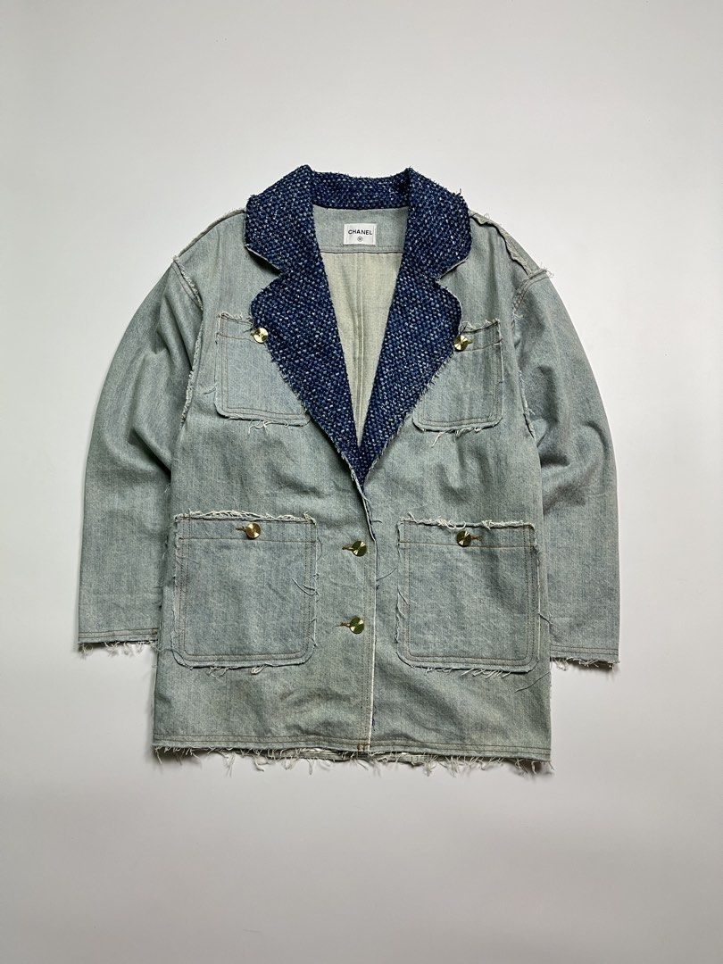 CHANEL BLUE TWEED TRIM COLLAR DENIM JACKET (Category: Coats, Jackets and Outerwear) located in Leyte. Submitted by upcycledbin.ph (Listing ID 1468180414, Image 1). Description: CHANEL BLUE TWEED TRIM COLLAR DENIM JACKET SIZE 36 DIMES 20x30 EXCELLENT CONDITION NO FLAWS.