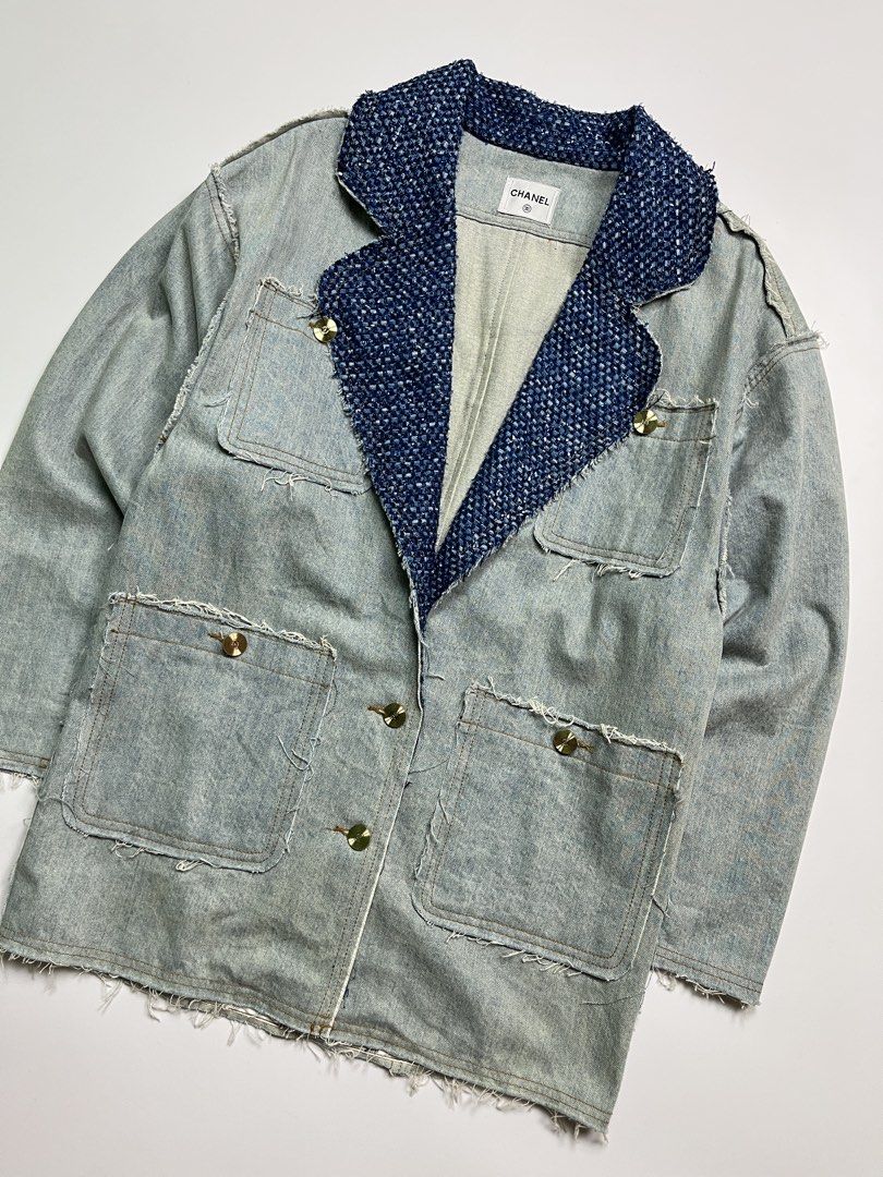 CHANEL BLUE TWEED TRIM COLLAR DENIM JACKET (Category: Coats, Jackets and Outerwear) located in Leyte. Submitted by upcycledbin.ph (Listing ID 1468180414, Image 2). Description: CHANEL BLUE TWEED TRIM COLLAR DENIM JACKET SIZE 36 DIMES 20x30 EXCELLENT CONDITION NO FLAWS.