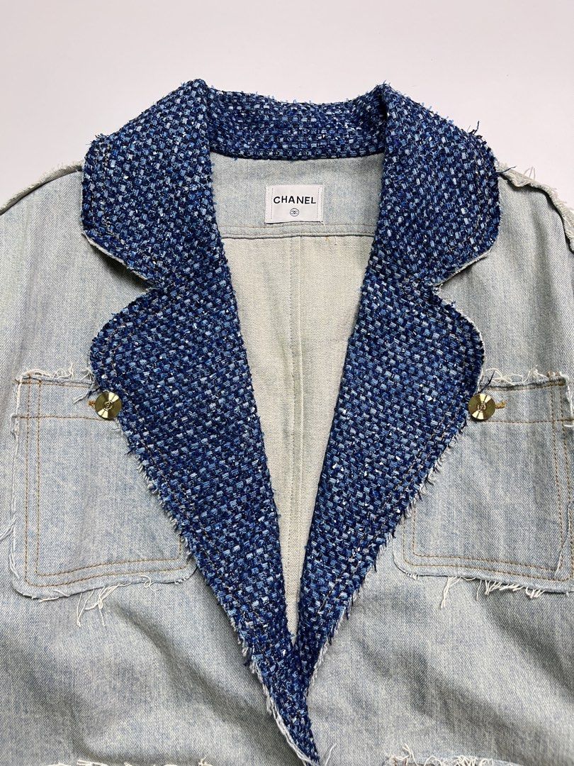 CHANEL BLUE TWEED TRIM COLLAR DENIM JACKET (Category: Coats, Jackets and Outerwear) located in Leyte. Submitted by upcycledbin.ph (Listing ID 1468180414, Image 3). Description: CHANEL BLUE TWEED TRIM COLLAR DENIM JACKET SIZE 36 DIMES 20x30 EXCELLENT CONDITION NO FLAWS.