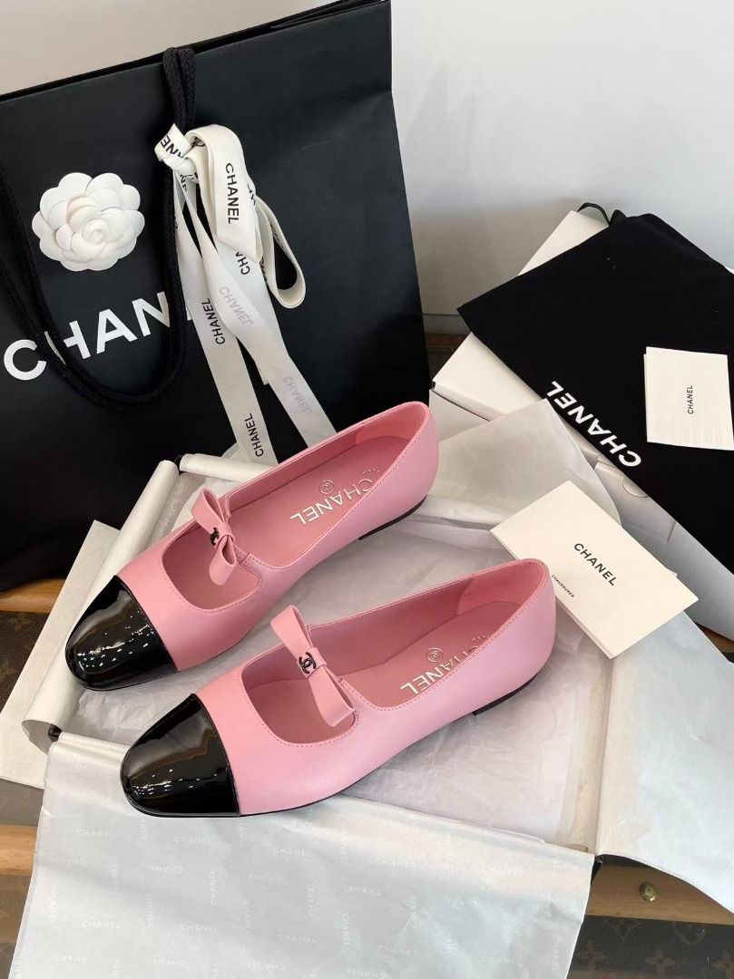 Chanel Pink and Black Cap Toe Flats with Bow (Category: Flats & Sandals) located in Pateros City. Submitted by purebird_714be0 (Listing ID 1468152895, Image 2). Description: - Brand: Chanel - Style: Pink leather flats with contrasting black patent cap toe - Details: Delicate top strap featuring a cute bow and iconic CC logo hardware - Condition: Brand new, unworn, and carefully stored in original packaging - Inclusions: Complete set with original