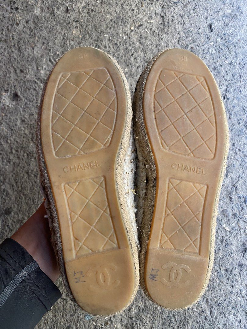 Chanel Tweed CC Espadrilles Size 38 (Category: Sneakers & Footwear) located in Alburquerque. Submitted by zanegavynn43872 (Listing ID 1468283356, Image 3). Description: - Brand: Chanel - Style: Slip-on espadrilles - Color/Material: Cream & gold metallic tweed with black fabric cap toe - Details: Iconic stitched CC logo, comfortable leather insoles, diamond-quilted rubber outsoles - Origin: Made in Italy - Size: EU 38 - Condition: Guaranteed authe