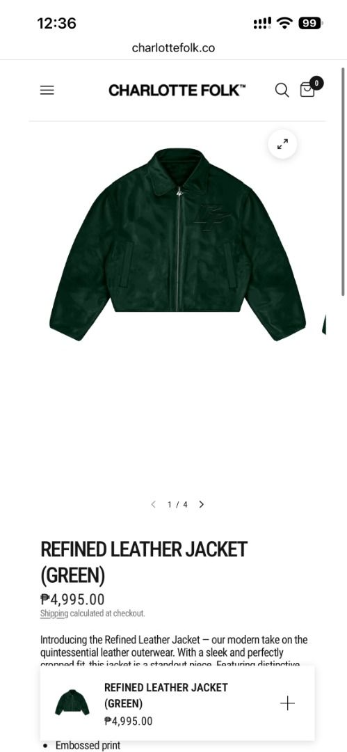 Charlotte Folk Refined Leather Jacket (Category: Coats, Jackets and Outerwear) located in Caloocan City. Submitted by kityeom (Listing ID 1468106997, Image 2). Description: - Brand: Charlotte Folk - Color: Dark Green - Material: Heavyweight faux leather - Fit: Relaxed fit - Details: Full front zipper, pointed collar, side pockets, embossed CF logo on chest - Inclusions: Brand tags and promo photo cards included - Condition: Brand new - Can fit to