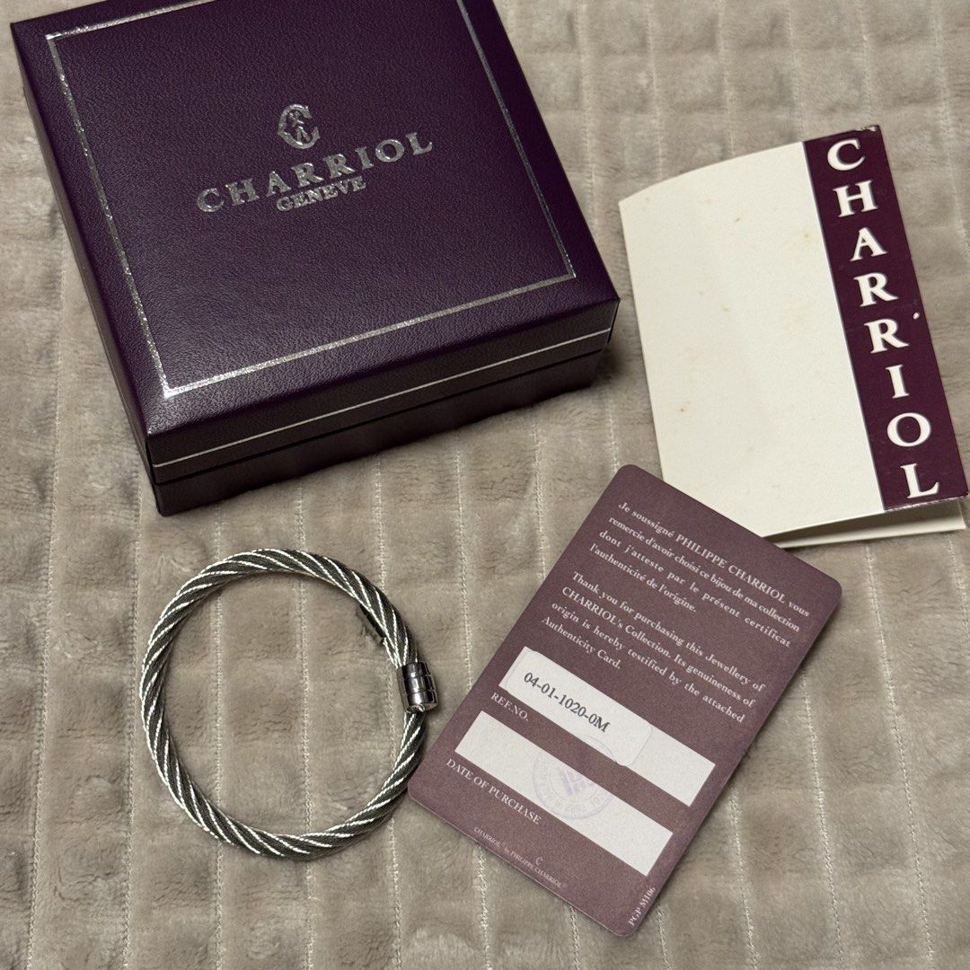 Charriol Classic Cable Bracelet with Box and Certificate (Category: Bracelets) located in Quezon City. Submitted by kuiamoi (Listing ID 1468215343, Image 3). Description: - Brand: Charriol - Material: Hypoallergenic Stainless steel and titanium, Silver-tone steel with signature twisted cable design - Size: Medium - Condition: Clean, excellent, ready to wear or gift - Inclusions: Original purple presentation box, authenticity card (Ref: 04-01-1020