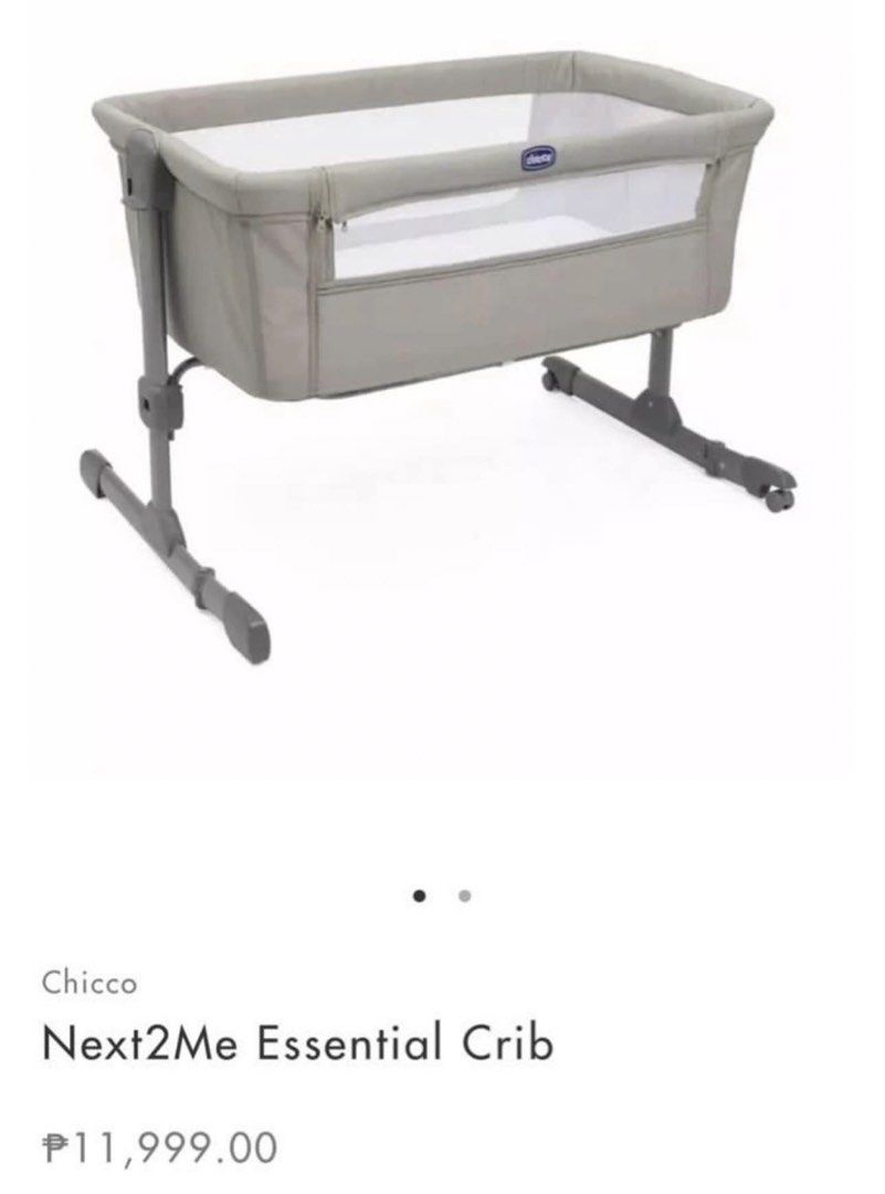 Chicco Next2Me Essential Crib (Category: Cots & Cribs) located in San Juan City. Submitted by rlcaps (Listing ID 1468156488, Image 2). Description: - Model: Chicco Next2Me Essential Crib - Color: Neutral Beige (matches any nursery) - Safe co-sleeping design that attaches securely right next to your bed - 6 adjustable height levels to fit various bed types - Breathable mesh sides for maximum airflow and easy baby monitoring - Foldable feet and smo