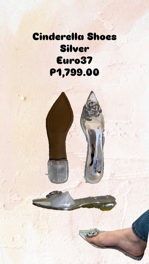 Cinderella Shoes Silver Euro 37 (Category: Heels) located in Marikina City. Submitted by savemyclosetph (Listing ID 1468244272, Image 2). Description: - Size: Euro 37 - Style: Clear pointed-toe slip-on flats with low block heel - Design: Sparkling crystal flower decoration - Comfort: Padded insoles and non-slip soles - Occasion: Ideal for parties, weddings, or everyday wear.