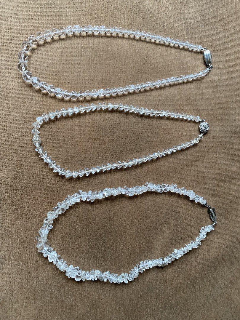 Clear Quartz Necklace Bundle (Category: Necklaces) located in Cebu City. Submitted by janb85 (Listing ID 1468131947, Image 1). Description: 3 Necklaces Clear Quartz with faceted and tumbled stones Silver marked clasps Perfect for layering with silver or gold jewelry or stacked. No tarnish Also a great gift idea.