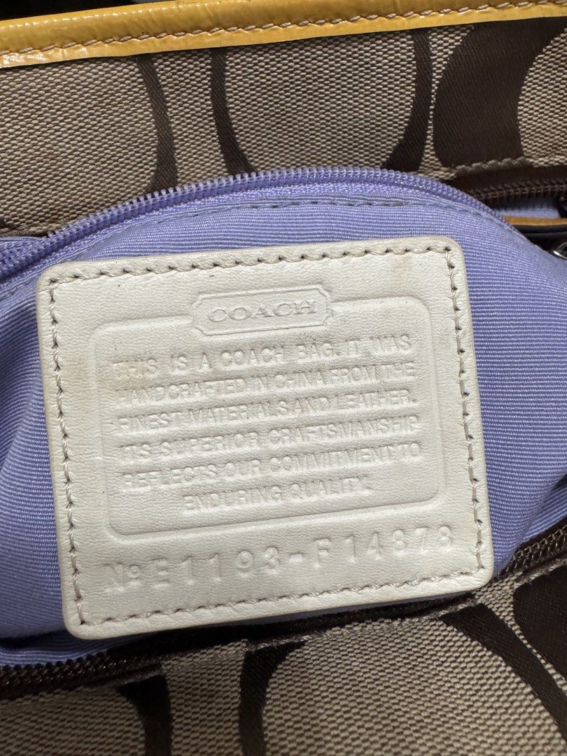 Coach Daisy Signature Tote (Category: Tote Bags) located in Malolos. Submitted by urban_thrift_09 (Listing ID 1468141580, Image 3). Description: -Coach Daisy Signature Jacquard Tote Bag (Style F14878) featuring khaki and brown monogram jacquard canvas with yellow patent leather trim, double webbed straps, and a front zip pocket. -See photos for size & details.
