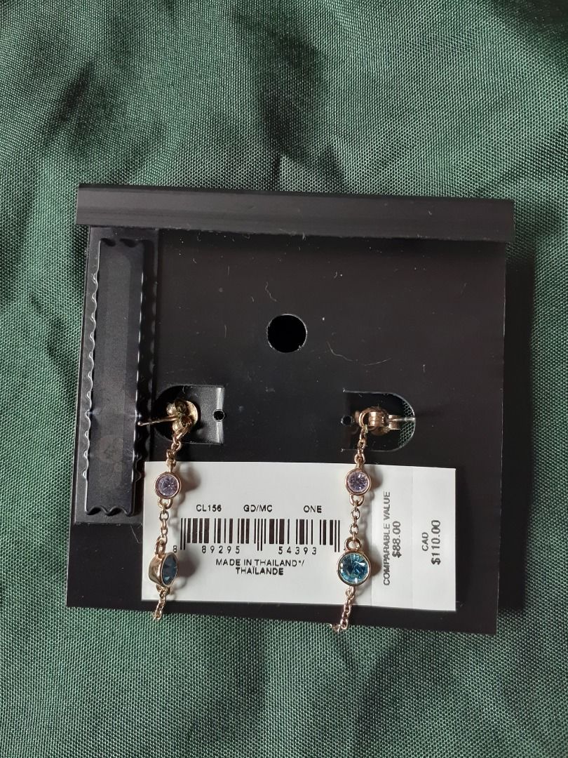 Coach Multi-color Crystal Chain Earrings (Category: Earrings) located in Bacolor. Submitted by paudvsells (Listing ID 1468201974, Image 2). Description: - Brand: Coach - Condition: Used twice - Design: Dangle earrings with pink top stone, orange 'C' logo charm, and green bottom stone - Hardware: Rose gold tone metal - Perfect for daily wear or as a gift.