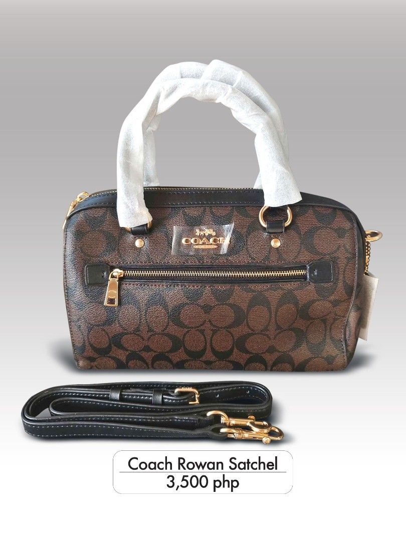 Coach Rowan Satchel (Category: Luxury Bags & Wallets) located in Manila. Submitted by changsluxury (Listing ID 1468179470, Image 1). Description: Coach Rowan Satchel in signature brown and black monogram print. Gold-tone hardware throughout. Double top handles with protective wrapping still attached. Front zippered pocket with pull tag. Includes an adjustable and detachable black leather shoulder strap with gold clasps. Price tag attached on the 